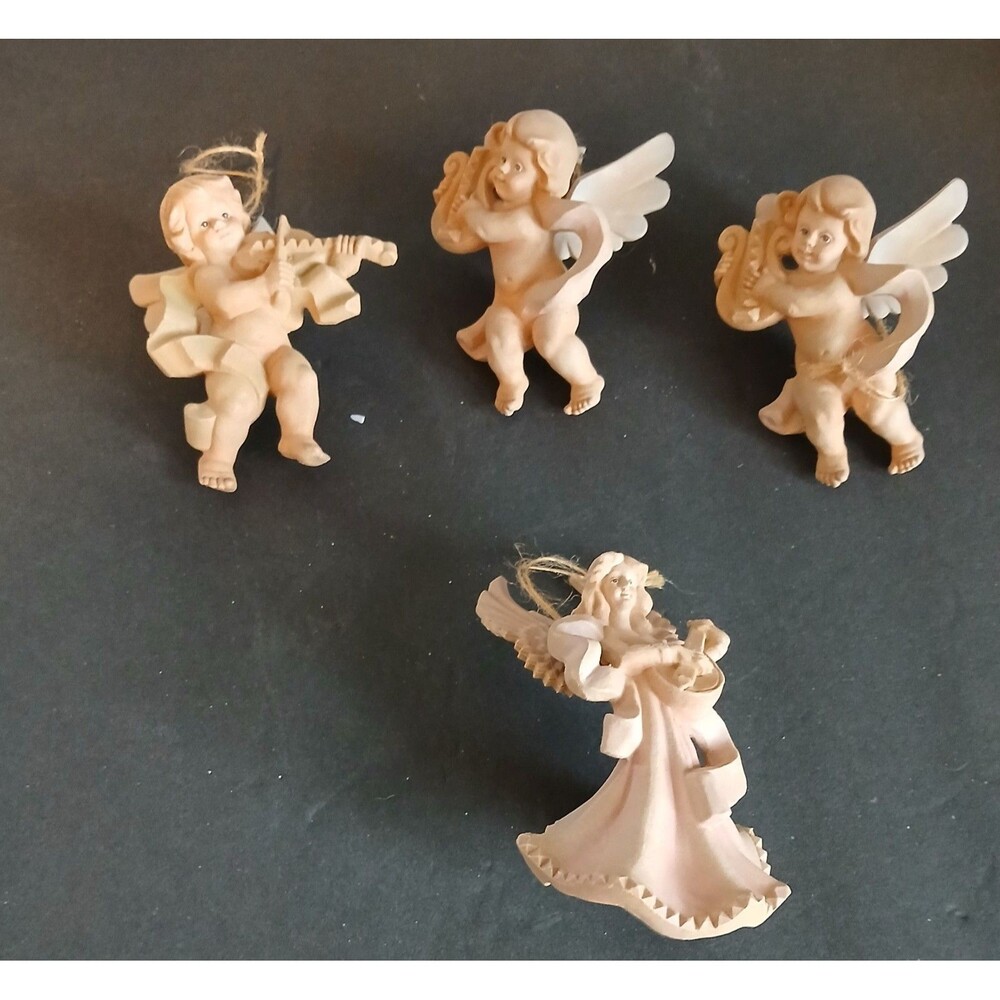 4 Vtg Pink Cherub Angel Musicians Christmas tree Ornaments Molded Plastic
